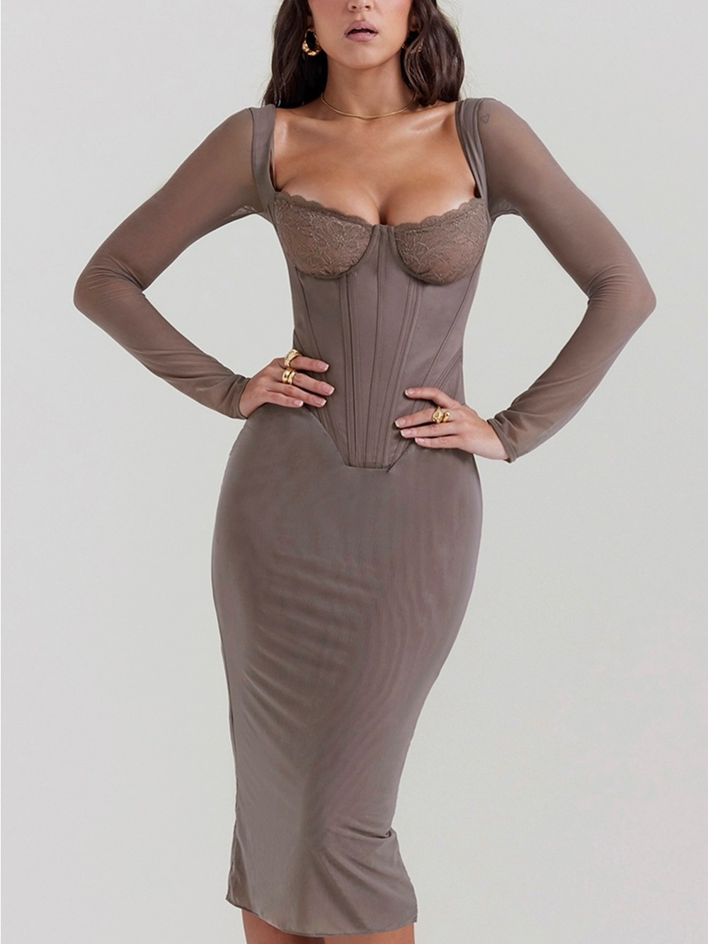 House of CB Safran Corset Midi Dress L Mocha Romantic Glamour - Picture 7 of 15